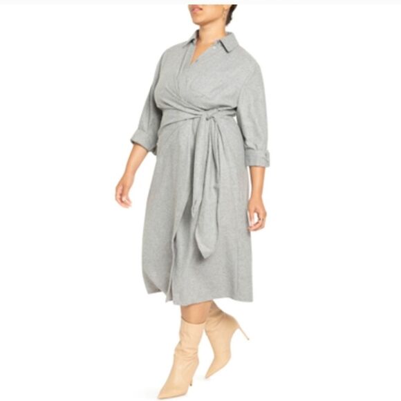Eloquii Nwt Wrap Waist Long Sleeve Wool Blend Shirtdress in Light Gray Size 18 - Picture 1 of 13